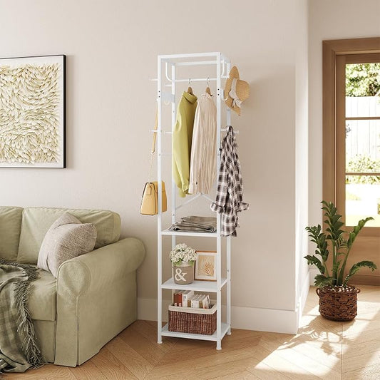 ELYKEN Coat Rack Freestanding, Hall Tree with 3 Storage Shelves and 12 Hooks, Industrial Clothes Rack Stand Organizer for Bedroom, Hallway, Entryway, Office, Living Room, White