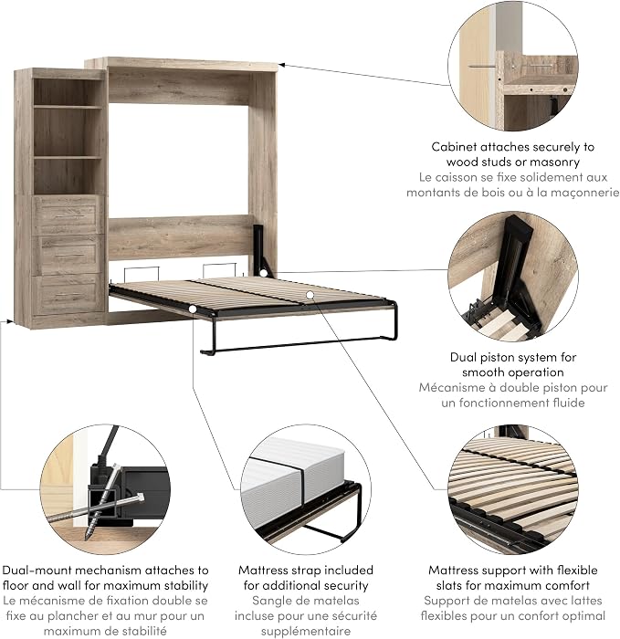 Bestar Pur Queen Murphy Bed with Shelving Unit, 90-inch Space-Saving Sleeping Arrangement for Multipurpose Room in Rustic Brown