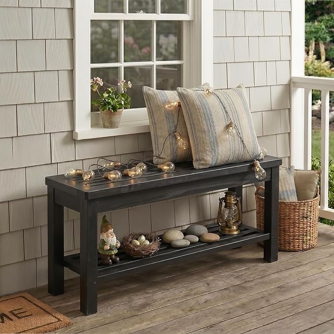 VINGLI Rustic Storage Bench, Solid Wood Seat with Storage Shelf, Indoor Outdoor Shoe Rack, 450lbs Capacity Small Outdoor Bench for Mudroom Entryway Patio Porch (Black, 40in)