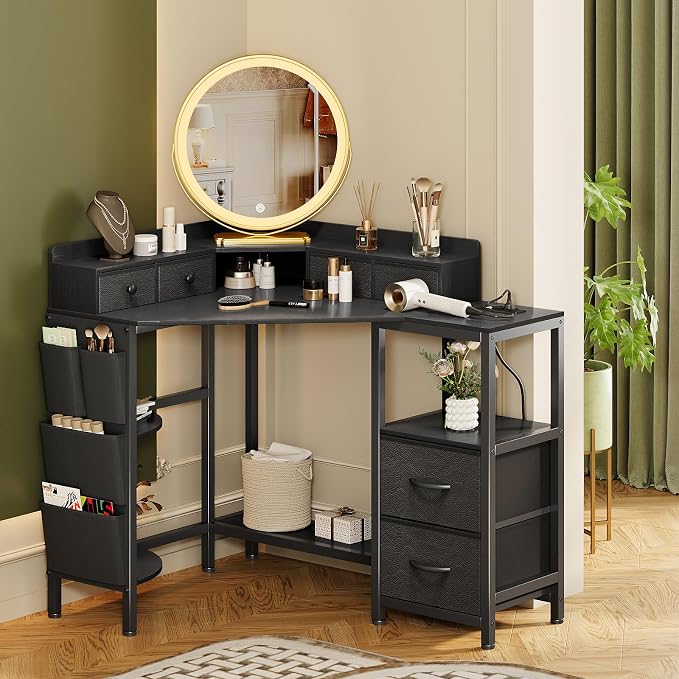 VENNQD Corner Desk with 6 Drawers Shelves for Small Space Computer Desk with Power Outlets,Gaming Desk with Printer Monitor Stand Storage for Home Office Workstation Writing Table (Black, 31.5)