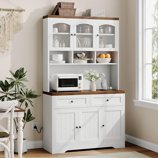 Garvee 71" Pantry Cabinet with Charging Station, Tall Kitchen Pantry Storage Cabinet with Microwave Stand, Farmhouse Kitchen Hutch with Storage Drawers for Living Room, Dining Room, White