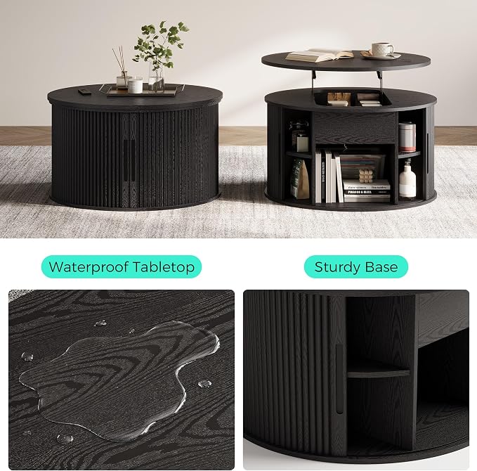 LINSY Lift Top Coffee Table, Round Fluted Coffee Table with Storage, Mid Century Modern Wooden Coffee Tables with Sliding Tambour Door, 31.5" Center Table for Living Room, Office, Small Space, Walnut