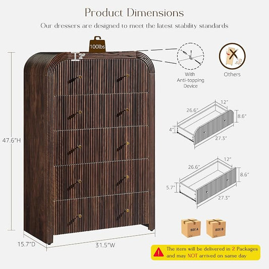 T4TREAM Fluted 5 Drawers Dresser, 48" Tall Modern Chest of Drawers with Thickened Curved Profile Design, Wood Closet Clothes Storage Organizer for Bedroom, Living Room, Hallway, Dark Walnut