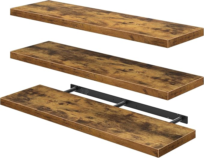QEEIG 12" Deep Floating Shelves for Wall - 12 x 48 inch Book Shelf Bathroom Bedroom Kitchen Living Room Hanging Bookshelf Farmhouse Set of 3, Brown (026-120BN3)