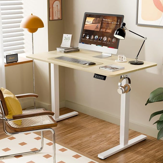 ERGOMAKER Electric Standing Desk, 43.3" x 23.6" Height Adjustable Sit Stand Desk with Splice Board for Home Office, Computer Desk Memory Preset (White Frame, Gold Oak Desktop)