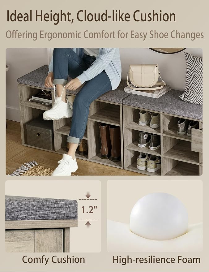 DINZI LVJ Shoe Bench, 9 Cubbies Shoe Organizer for Entryway, Storage Bench with Cushion, Cubby Shoe Rack with Adjustable Shelves for Living Room, Bedroom, Mudroom, Hallway, Gray Wash