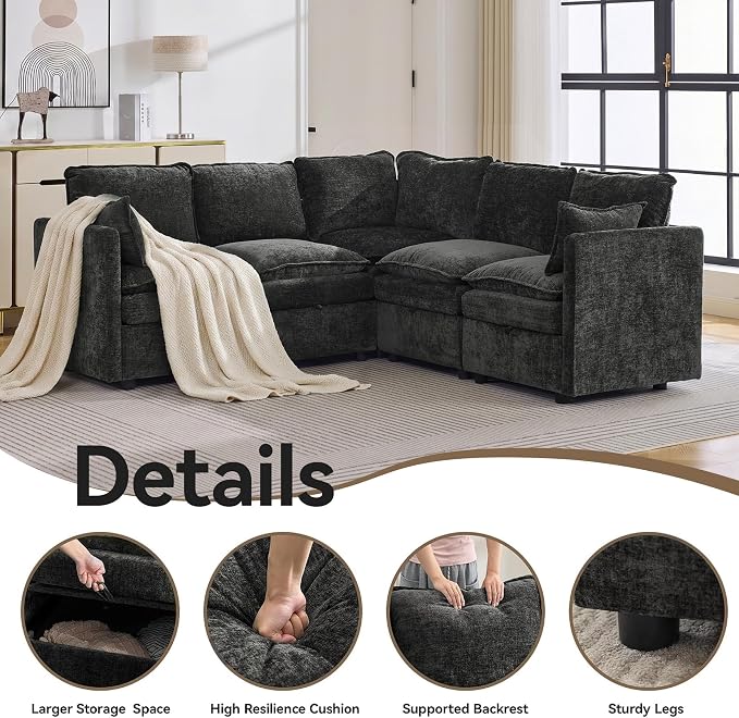 80" Dark Grey Modular Storage Sofa, V Shaped Chenille Cloud Couch | Oversized Convertible Sectional Sofa, 5-Seat Sectional Couch With Armrests, Large Cloud Couch For Living Room, Apartment.