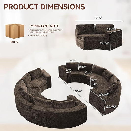 WUTUTUEE 142'' Curved Round Boneless Couch, Oversized Circular Sofa with Deep Seat & Arms, Chenille Modular Sectional Sofa with Pillows, Upholstered Comfy 12 Seat Couch for Living Room, Brown