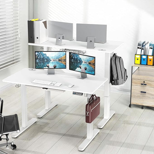SHW 48-Inch Electric Height Adjustable Standing Desk with Drawer, Memory Preset and Cable Management Tray, White