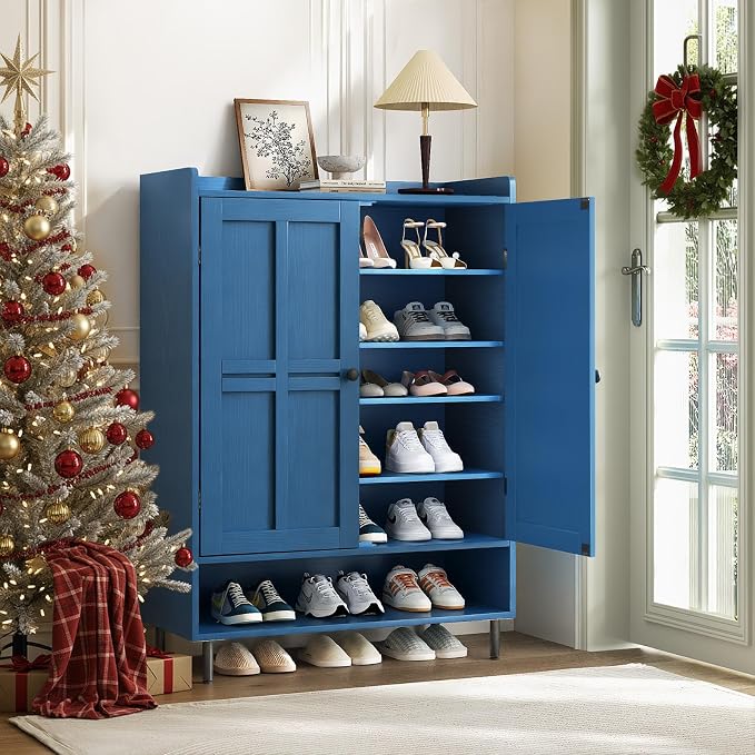 ComfyCorner Blue 7+1 Tier Farmhouse Shoe Storage Cabinet - 45" Tall Entryway Organizer with Cross Molding Doors, 3 Adjustable Shelves & Metal Legs, Shoe Rack for Front Door Entrance