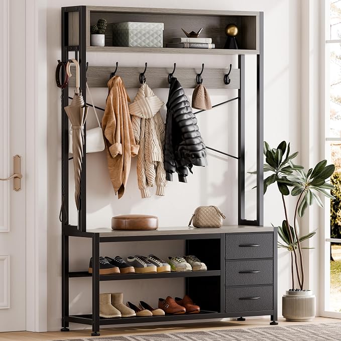 Lulive Hall Tree with 3 Drawers, Industrial Entryway 39.4" Coat Rack Shoe Bench, Freestanding Mudroom Organizer with 12 Hooks, Top Shelf Storage (Grey)