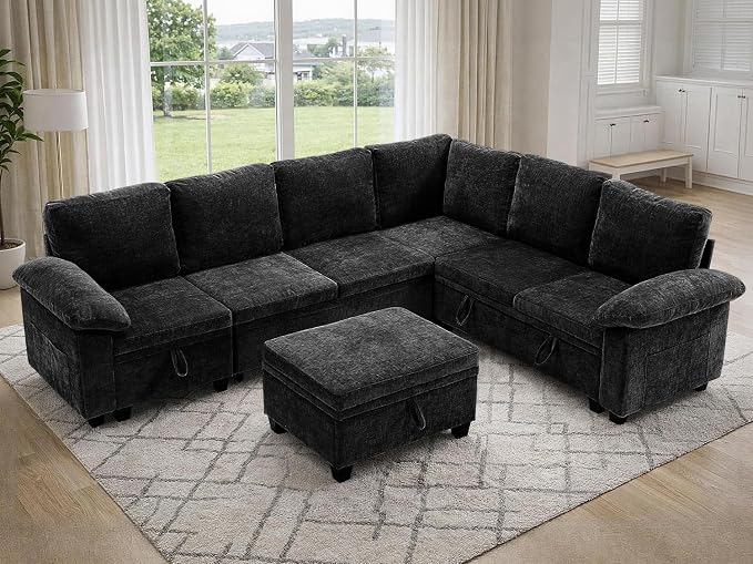 108" Modular Sectional Sofa Bed with Storage, L Shaped Pull Out Couch, Removable Chenille Sofa Cover for Living Room (Black, 7 Seat)