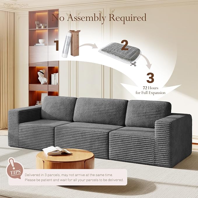 Vesgantti 119" Modular Sectional Sofa, Corduroy Cloud Couch with Deep Seating & Spring Support, 3 Seater Flexible Layout Sofa, Boneless Couch for Living Room & Apartment, No Assembly Required, Grey
