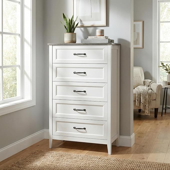Gizoon 2-Piece Bedroom Furniture Set, Includes 44.8" H 5 Drawer Dresser and 43.3" W 6 Chest of Drawers, Modern Bedroom Dresser Set, with Smooth Rail, Metal Handles, Anti-tip Device, Grey Tabletop