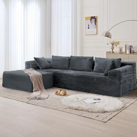 Korser 108" L-Shaped Modular Sectional Sofa with Chaise, Boneless Comfy Corduroy Fluffy Couch with Deep Seat and Side Pockets, Flexible Module Combination for Living Room, No Assembly, Side Pockets