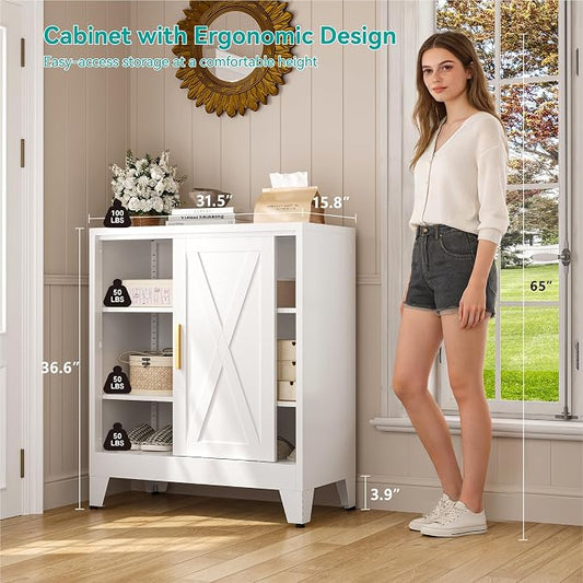 37” H Coffee Bar Storage Cabinet with Sliding Door and Adjustable Shelves,31.5" Wide by 15.8" Deep Small Metal Cabinet,Buffet Sideboard for Living Room Kitchen,White