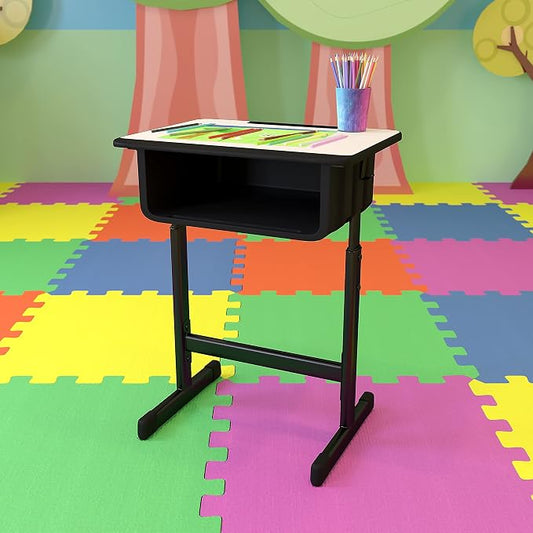 Flash Furniture Billie Open Front Student Desk for Classrooms or Remote Learning, Height Adjust School Desk with Book Box and Bag Hooks, Black/Gray