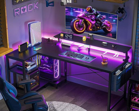 ODK 48 Inch Gaming Desk with USB Charging Ports and LED Lights, Reversible L Shaped Computer Desk with Storage Shelves & Monitor Stand, Corner Gamer Desk Table with Power Outlets, Black