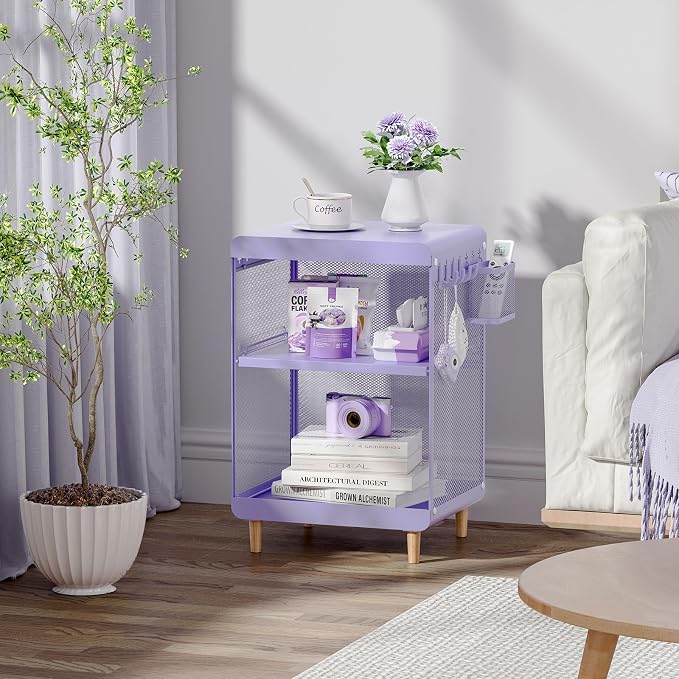SYKIARIOL Kids Nightstand for Girls, Metal Bedside Table with 4 Hooks & Hanging Basket, 3-Tier Storage Shelf, Toddler Night Stand for Bedroom, Purple