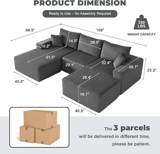 Weture 108” Modular Sectional Couches, Modern Modular U-Shape Sofa with Chaise, Cloud Sectional Couch with Deep Seat, Upholstered Boneless Sofa for Living Room (Corduroy, Gray)