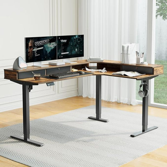 CubiCubi 63x48 Inches L Shaped Standing Desk with 3 Drawers and Monitor Shelf, Height Adjustable Corner Computer Desk with Hooks, Sit Stand Up Ergonomic Home Office Workstation Table, Rustic Brown