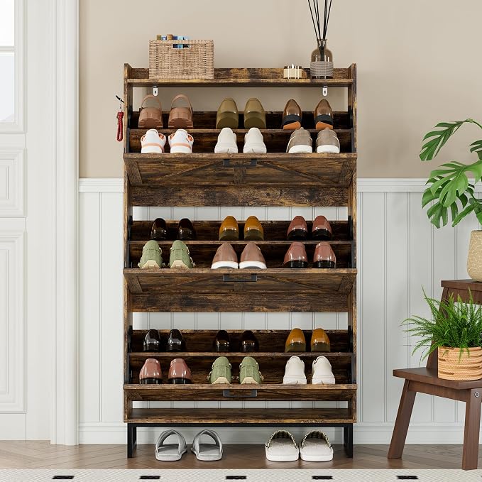 BORNOON Shoe Cabinet with 3 Flip Drawers Narrow Shoe Storage Cabinet Organizer Wooden Freestanding Shoe Rack Hidden Slim Shoes Storage Cabinet for Entryway, Hallway, Living Room, Bedroom