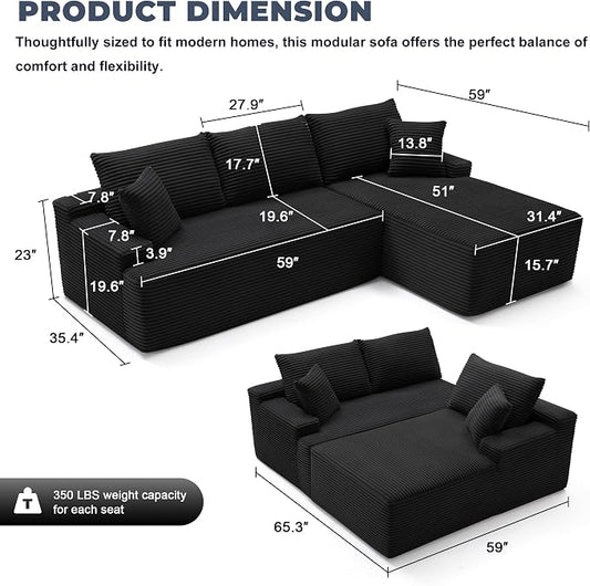 Mangodan Cloud Sectional Sofa, Boneless Couch for Living Room, Modular Sectional Sofa with Deep Seat, Fluffy L-Shaped Comfy Couch with Right-Facing Chaise, No Assembly Required, Black