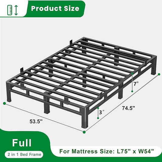ROIL 7 Inch Full Size Bed Frame, Metal Bed Frame & Box Spring 2 in 1 Platform with Round Corner Legs, 4000LBS Double Layer Low Profile Metal Platform Mattress Baffles, Noise-Free Easy Assembly