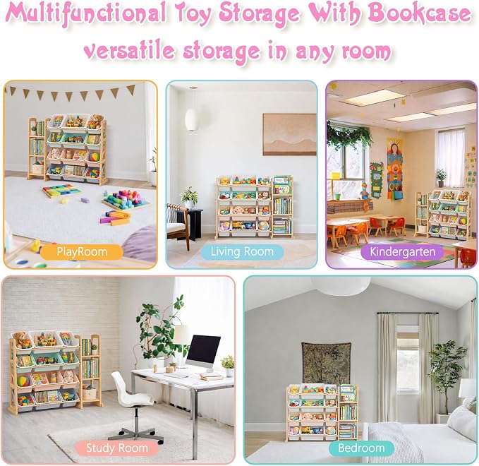 Kids Toy Storage Organizer with Bookshelf – Wooden Shelf with 12 Bins & 3 Shelves, Quick Assembly Storage Rack for Playroom, Bedroom, Nursery– Colorful