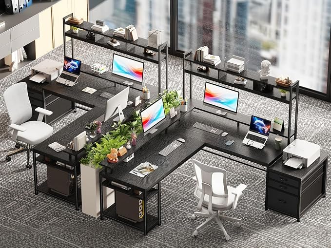 EnHomee 104'' L Shaped Gaming Desk, Reversible Two Person Corner Computer Desk with LED Lights & Power Outlet, Monitor Stand & 3 Drawers, Home Office Workstation for Gaming Room, Black