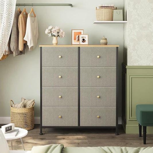 OLIXIS 8 Drawer Storage Dresser with Wood Top - Wide Fabric Chest Organizer for Bedroom, Closet, Living Room,Tower Cabinet, TV Stand, Hallway Entryway Furniture,Dark Green