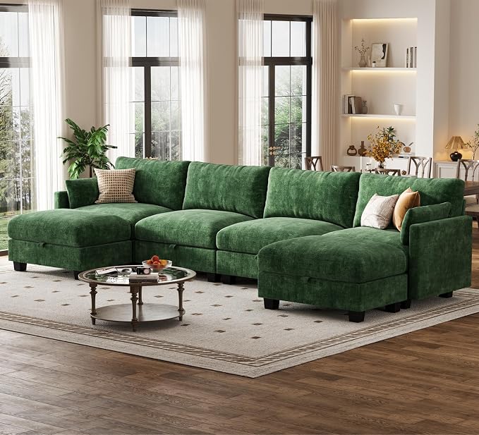 Modular Sectional U Shaped Sofa Couches for Living Room, Cloud Couch with Storage Ottoman, Comfy Chenille Sofa with Pillow, Green