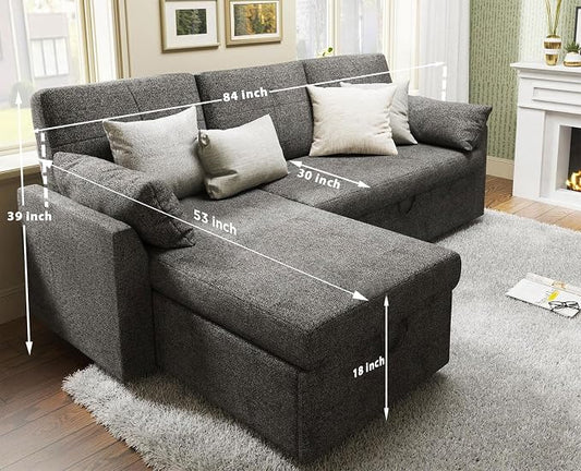 PaPaJet Sofa Bed, Sleeper Sofa with Storage Chaise, L Shaped Sofa with Pull Out Bed, Oversized Sofas for Living Room, Gray