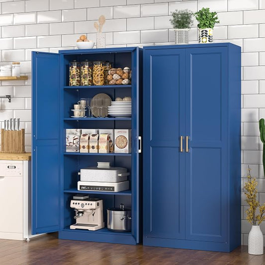 Polup Kitchen Pantry Cabinet, 71 Inch Tall Metal Pantry Cabinet with Doors and Adjustable Shelves, Freestanding Food Cupboard, Storage Cabinets for Dining, Living Room, Navy Blue, Assemble Required