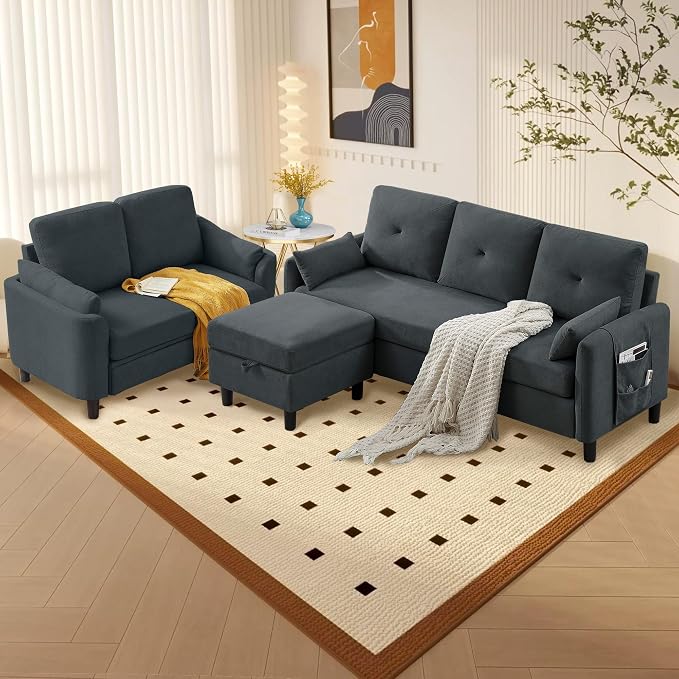 Convertible Sectional Couch Set, 77" L Shaped Sofa with Ottoman and 57" Loveseat, Modern Couches for Living Room, Apartment and Office, Dark Grey