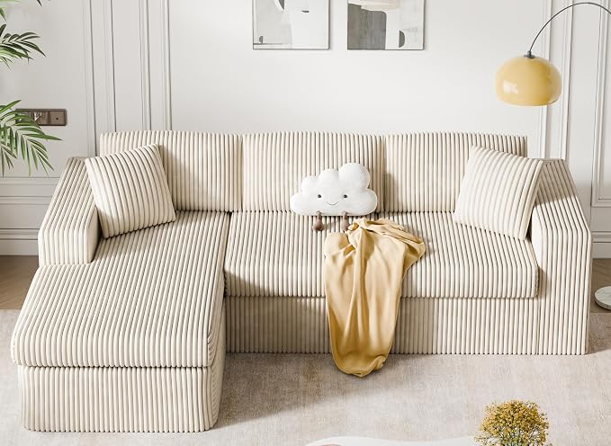105" Boneless Couches for Living Room, L Shaped Modular Sectional Sofa Couch with Deep Seat, Cloud Foam Couch with Oversized Chaise, Plush Corduroy Sofa No Assembly Needed