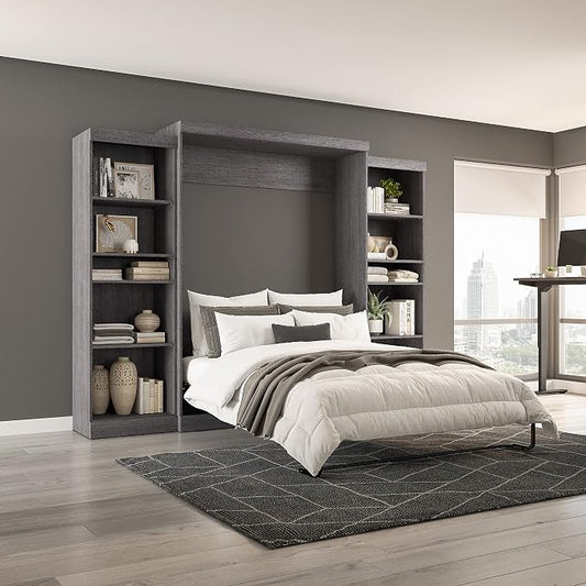 Bestar Pur Queen Murphy Bed and 2 Shelving Units, 115-inch Space-Saving Sleeping Arrangement with Storage in Bark Grey