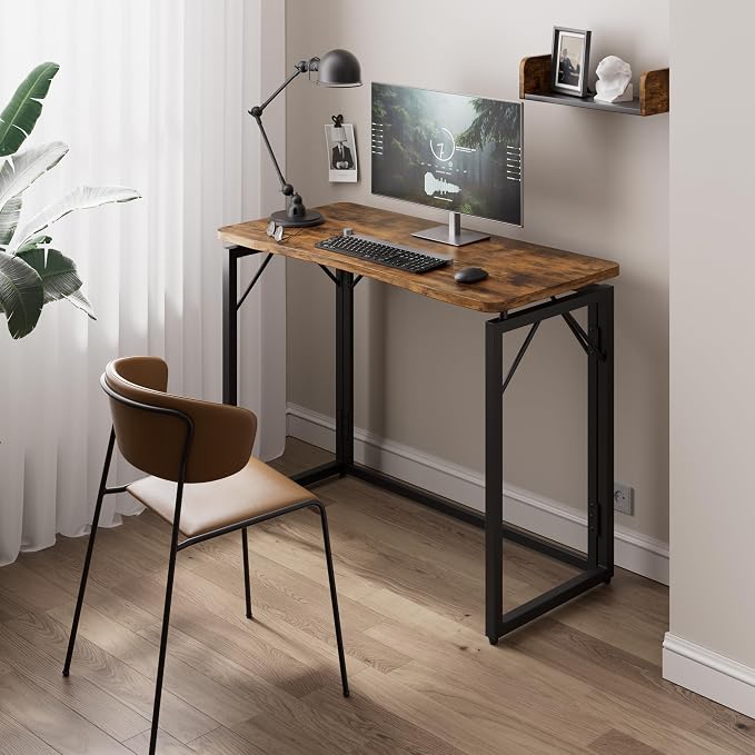 JOYMOOP Folding Desk Rustic Brown - 31.5", No Assembly Small Foldable Desk for Home, Office, Wooden Top Folding Computer Desk for Working, Writing, Studying