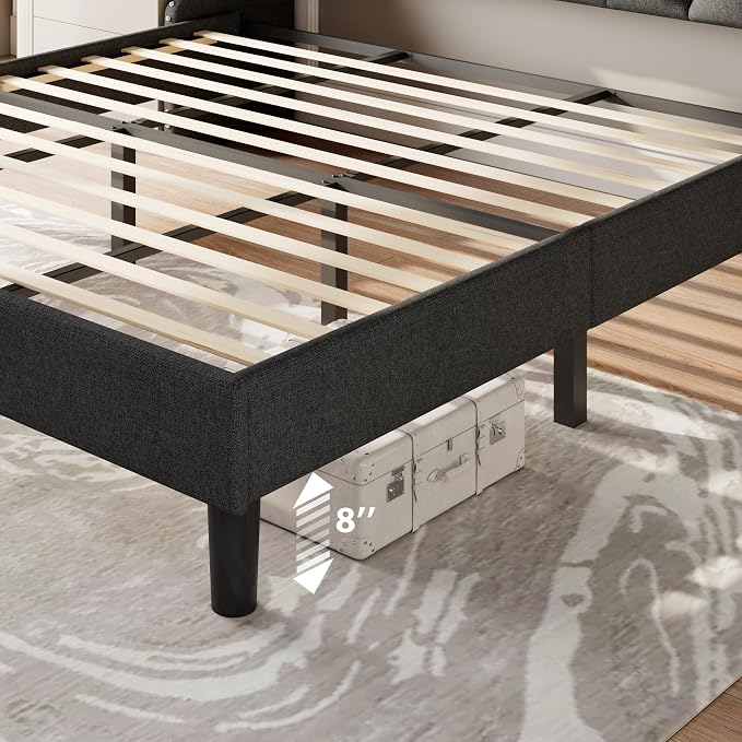 Feonase King Size Bed Frame with Luxury Wingback and Fast Charging Station, Upholstered Button Tufted Storage Headboard, King Platform Bed, Heavy Duty Wooden Slats Support, Easy Assembly, Dark Gray