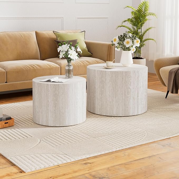 Round Nesting Coffee Table Set of 2 Modern Small Round Travertine Coffee Tables Travertine End Side Table Circle Nested Coffee Tables for Living Room (Travertine B)