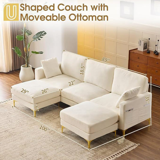 VINGLI 100" W U Shaped Couch with Ottoman, 22" Deep Seat Comfortable Sectional Couches for Living Room, 3 Seater Chenille Fabric Cloud Sofa for Apartment, Small Spaces, Bedroom, Beige