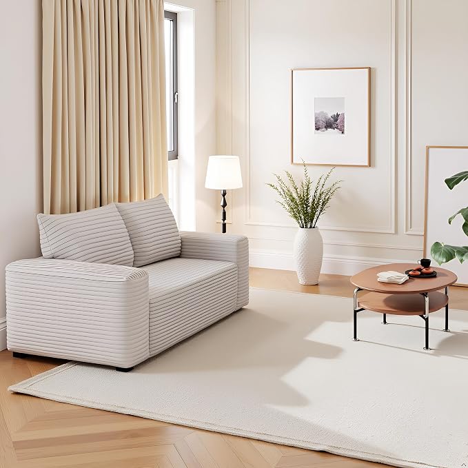 JINGLING 71" Small Couches for Small Spaces, Memory Foam Loveseat Corduroy Couch in a Box, Compressed Boneless Sofa for Living Room Bedroom, Apartment Furniture, No Assembly Required, White
