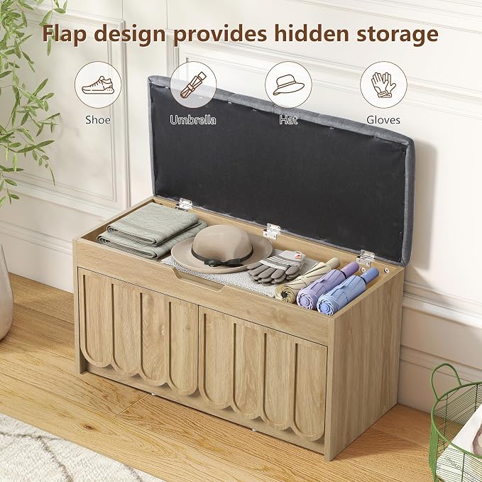 ORRD Shoe Storage Bench with Cushion, Entryway Shoe Cabinet Bench with 2 Scalloped Doors & Adjustable Shelf, 2-Tier Shoe Rack Organizer Cabine for Entryway, Hallway, Living Room (Natural)
