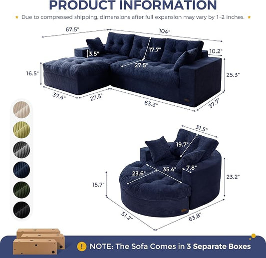MAXYOYO L Shape Sectional Sofa Couch and Round Chaise Lounge, Modern Cloud Couch with Ottoman, Comfy Sofa with Layered Cushion, Tufted Upholstered Chair for Living Room, No Assembly Required