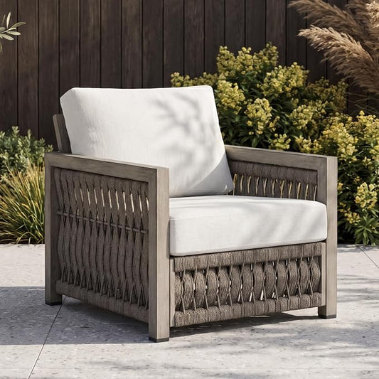 Patio Sofa Chair, Never Rusts Aluminum Outdoor Armchair with Washable Cushions, Rope Weave Outdoor Sofa Chair Patio Sofa Armchair, Deep Seating Patio Furniture for Garden, Porch, Gray Oak