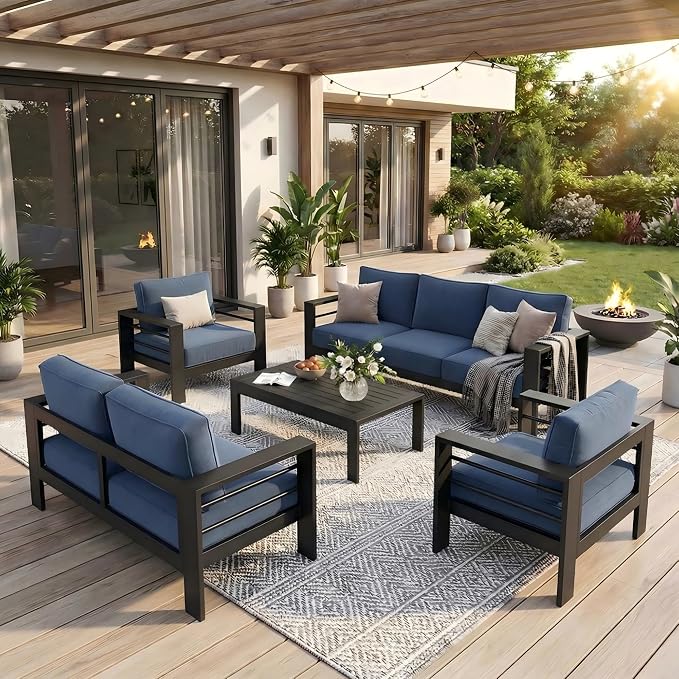Solaste Aluminum Outdoor Patio Furniture Set, 7 Seats Patio Sectional Sofa with 5" Thick Cushion, Outdoor Patio Set with Coffee Table for Porch, Backyard, Deck, Yard, Blue