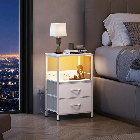 WLIVE White Night Stand with Charging Station, LED Nightstand with 2 Fabric Drawers and Storage Shelf, Dorm Bedside Table End Table with 2 USB Ports and Outlets, Small Dresser for Bedroom