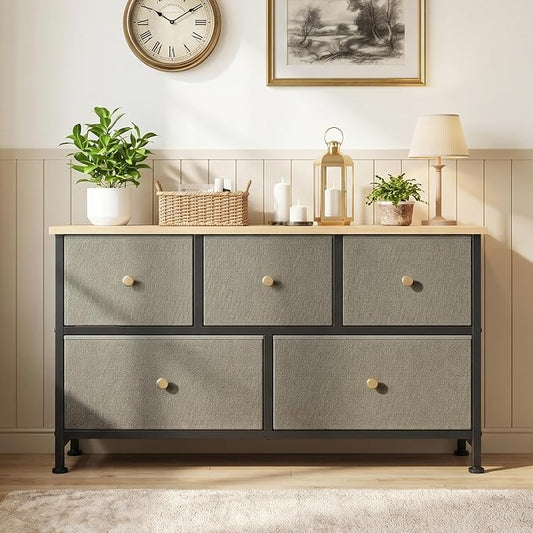 OLIXIS 5 Drawer Dresser for Bedroom, Storage Organizer Unit for Closet | Chest of Drawers for Clothes Storage with Bins, Wide Fabric Bedroom Dresser, Wooden Top, Living Room, Ink Green