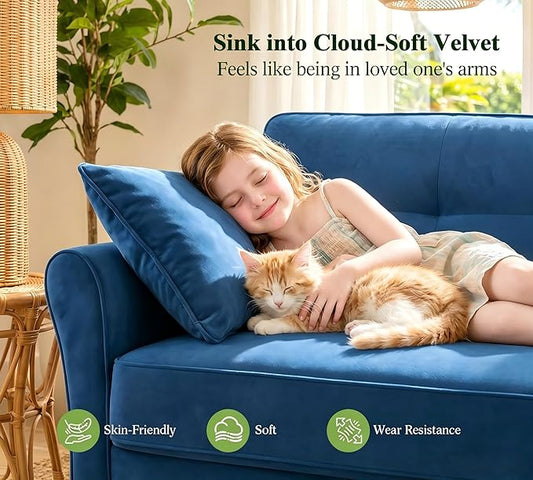 Loveseat Sofa, 69" Love Seat Couches, Comfy Velvet Small Couches for Small Spaces with 2 Pillows, Tool-Free Setup Sofas & Couches, 700lb Load Sofas for Living Room, Mini Couch for Bedroom, Blue Couch