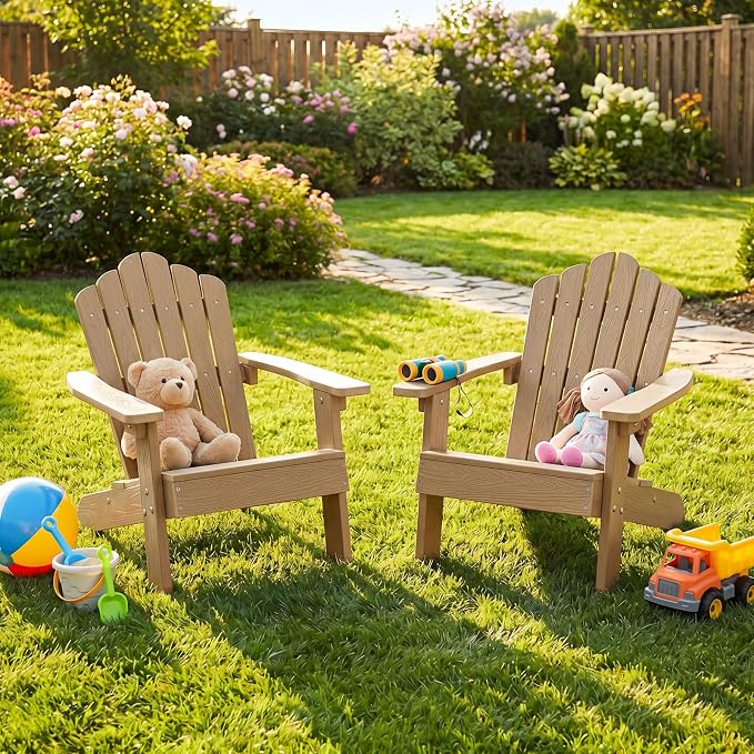 Costzon Kids Adirondack Chair, All-Weather HIPS Toddler Outdoor Chair, Wooden Textured Plastic Fire Pit Chair, Kids Patio Chair for Backyard Lawn Garden, Fits Children Age 3-7 Years (1, Teak)